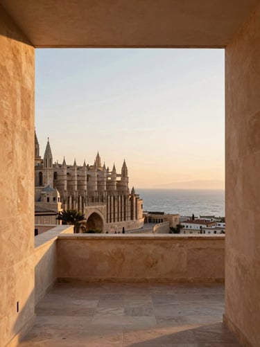 Minimalist luxury penthouse terrace in Palma, overlooking the cathedral and ocean, sunset warm glow, portrait aspect