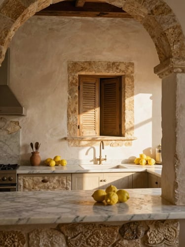 Restored historic stone finca kitchen in Soller, marble countertops, fresh lemons, warm afternoon sun filtering through shutters, portrait aspect