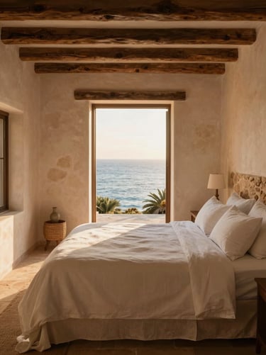 Elegant coastal villa bedroom in Mallorca, white linen sheets, rustic wooden beams, soft sea breeze, warm golden light, portrait aspect