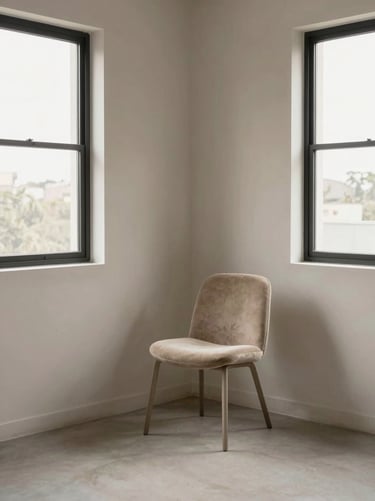 An empty corner of a professional photography studio in South America / Brazil. Minimalist furniture including a single chair in Warm Taupe against a Silver Sand wall. Large windows showing soft natural light, very elegant and clean.