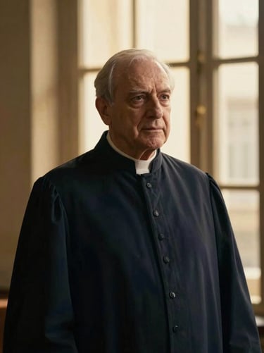 Medium portrait of an elder theologian in a dark navy robe, soft golden-hour window light.