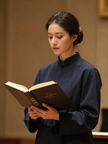 Medium portrait of a graceful female worship director holding a classical hymnal, warm stage lighting.