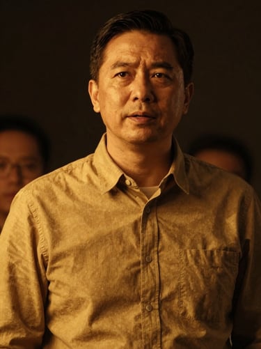 Medium portrait of a visionary teaching pastor in warm golden volumetric light, looking thoughtful, dark background.