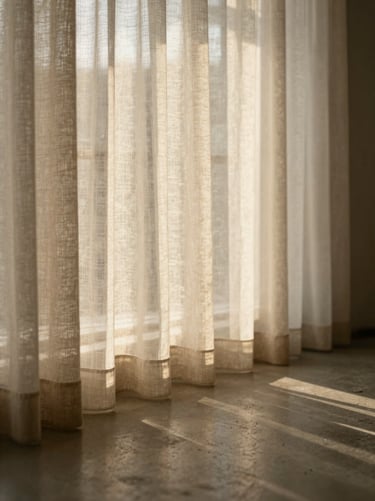 Sunlight filtering through sheer linen curtains onto a polished concrete floor, warm golden-hour light, minimal editorial.