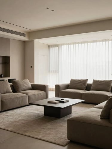 Wide environmental shot of a luxury minimalist living room with custom furniture, perfectly balanced spatial flow.