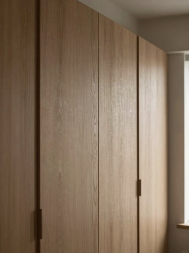 Detail of a custom minimalist oak wardrobe with integrated lighting, soft shadows, warm editorial interior photography.