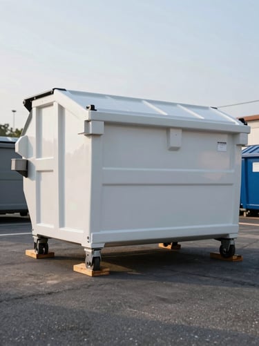 Ground-level low-angle shot of a pristine, freshly painted roll-off dumpster resting perfectly on protective wooden planks over clean asphalt, bright morning daylight
