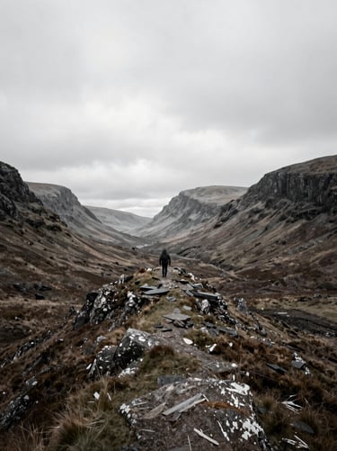 Vast desaturated Scottish highlands under overcast sky, a tiny solitary figure walking on a ridge, expansive scale