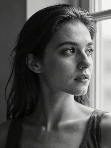 Intimate black and white portrait of a woman looking away, natural window light, visible medium format grain