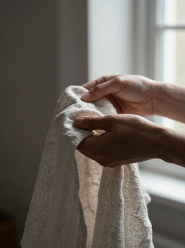 An intimate, unposed portrait of hands holding raw linen fabric, soft window light highlighting textures.