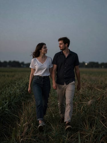A candid, documentary-style frame of a couple walking through a field, low-light ambient twilight.