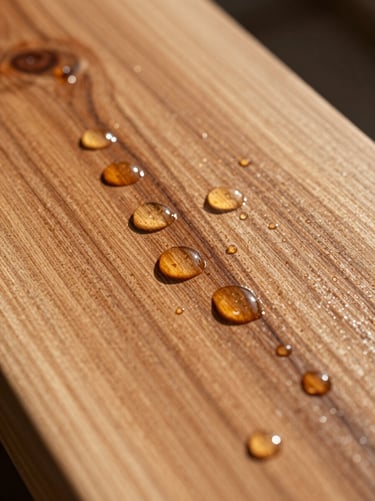 Macro close-up of water actively beading on newly sealed amber cedar wood grain under bright Texas sunlight, highlighting water-repelling protection.