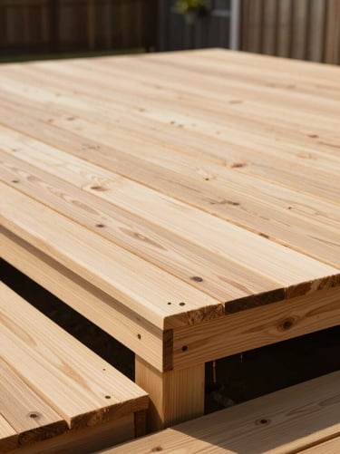 A pristine newly built cedar deck standing in bright, direct Texas daylight, showcasing clean lines and natural wood grain curing before sealant application.