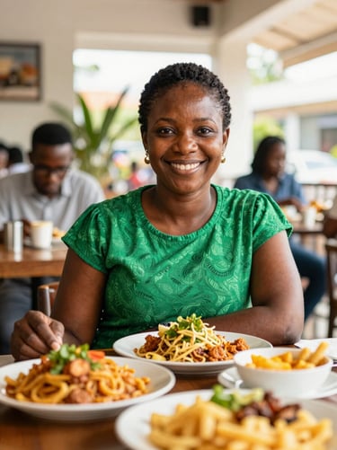 Portrait of a smiling Gabonese woman, partner relations manager, inside a bright modern cafe in Libreville, warm daylight, authentic, 35mm.