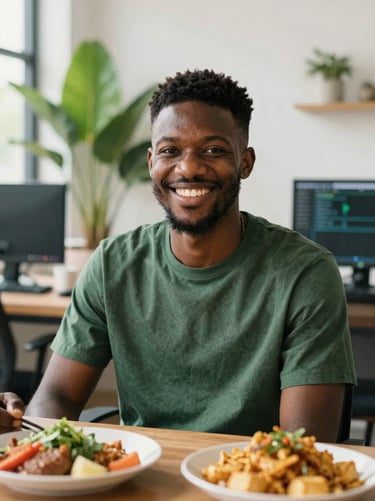 Portrait of a young African male software engineer smiling, natural light, modern workspace with green plants in the background, authentic, 35mm.