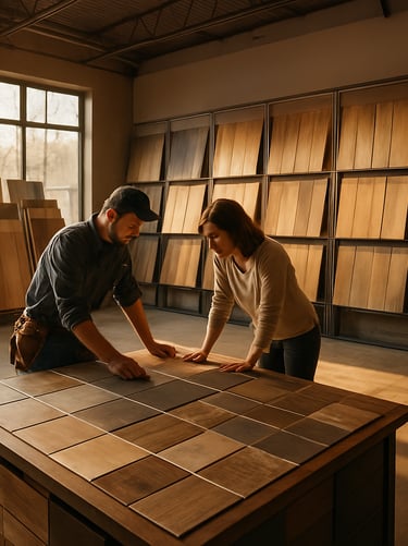 Wide interior of a flooring showroom in morning daylight, rows of sample boards and flooring panels displayed along the walls to the right, warm amber light streaming through large windows, a contractor and homeowner leaning over a display table examining samples, overhead view of the showroom floor showing material variety