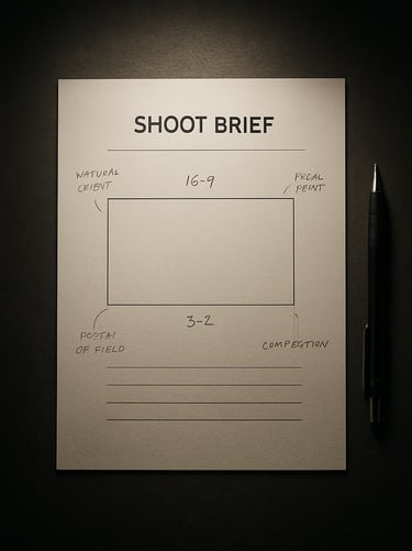 Tight overhead shot of a shoot brief document laid flat on a dark surface, annotated with handwritten margin notes and channel dimension callouts, a mechanical pencil resting beside it, single focused studio light from above