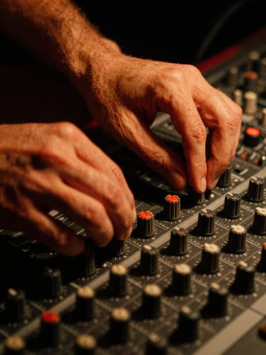 Intimate close-up of hands adjusting analog dials on a mixing console, warm tungsten lighting, heavy film grain, 35mm lens