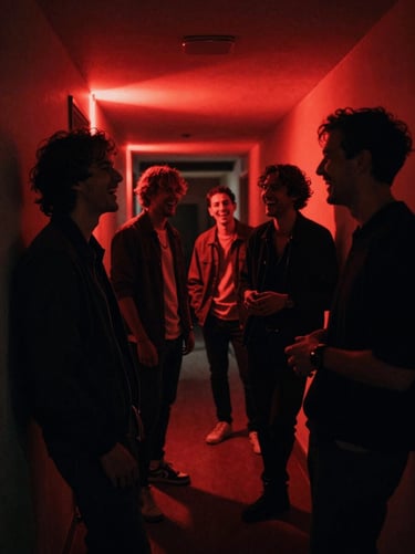 Candid backstage moment, musicians laughing in a dimly lit hallway, harsh red neon light casting deep shadows, cinematic grain