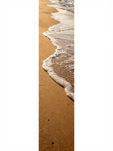Elegant vertical strip image. A pure white background featuring a slim vertical slice of a sun-drenched coastal landscape with golden sand and soft sea foam. High-end cinematic aesthetic.