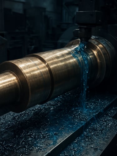 Close-up of a massive brass marine propeller shaft being precision machined in an industrial workshop, steel shavings, blue cutting fluid