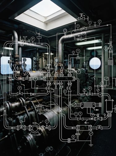 Technical schematic overlay of high-pressure marine piping network, white blueprint lines on a deep steel gray background, absolute precision