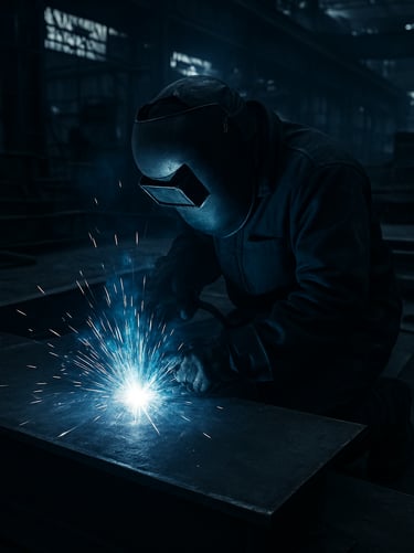 Industrial welder working on heavy structural steel plates in a dark shipyard workshop, brilliant blue sparks flying, high contrast