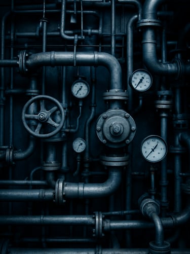 Intricate network of high-pressure steel marine piping inside a ship engine room, technical gray valves and pressure gauges