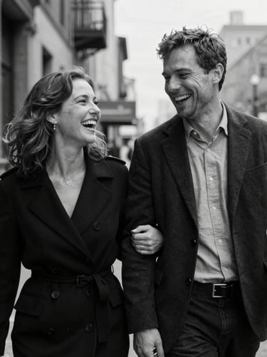 A candid, high-end black and white photograph of a couple laughing during a stroll in a clean, urban North American setting. Soft grain, cinematic lighting, professional photography.