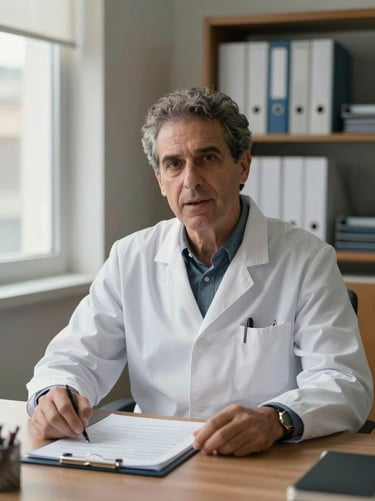 Medium shot of Dr. Andújar seated at a desk facing camera, natural window light from the left, speaking with calm authority, patient chart open on desk, organized clinic office background