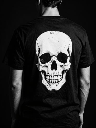 High-contrast black and white studio shot of a heavy cotton black t-shirt with a large custom chicano-style skull illustration printed on the back, dramatic chiaroscuro lighting.