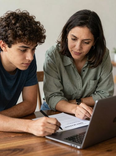An environmental portrait of a local mentor guiding a young adult drafting a business plan on a laptop, warm natural light, 35mm