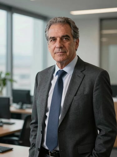 Retrato corporativo sobrio de un director financiero sénior en un entorno de oficina moderna con luz natural difusa, vestimenta formal, mirada segura.