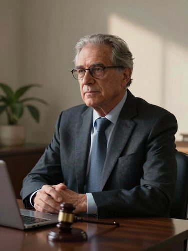 Retrato de un asesor legal inmobiliario sénior en un despacho de líneas limpias, luz tenue de mañana, expresión de absoluta discreción.