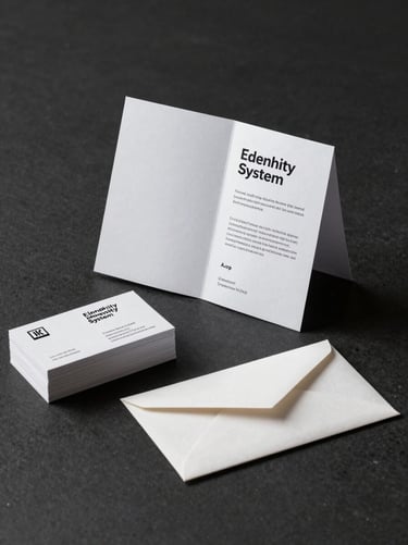 Finished identity system displayed on a dark desk — a folded brochure standing upright beside a stack of business cards and a sealed envelope, studio lighting from directly above, deep charcoal background with clean edge highlights on the paper
