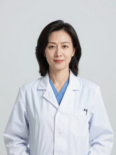 Professional studio portrait of a female scientist in her 40s, confident expression, bright high-key lighting, clean light gray background, sharp focus, 35mm