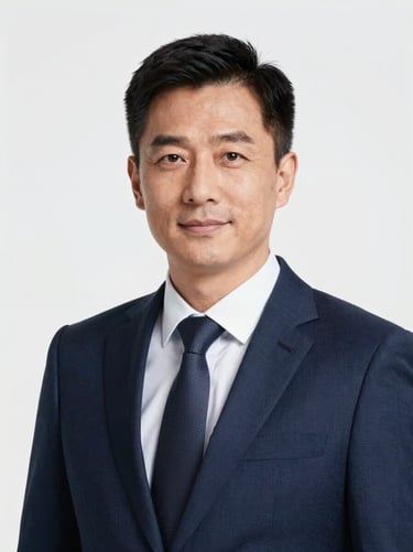 Professional studio portrait of a male healthcare executive in his 40s, modern corporate attire, bright high-key studio lighting, sharp focus, 35mm