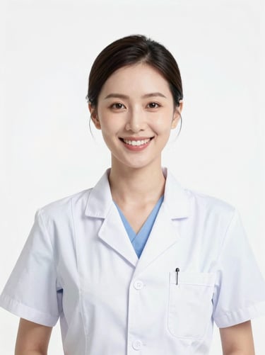 Professional studio portrait of a female dentist and researcher, smiling confidently, bright high-key lighting, clean white background, sharp focus, 35mm