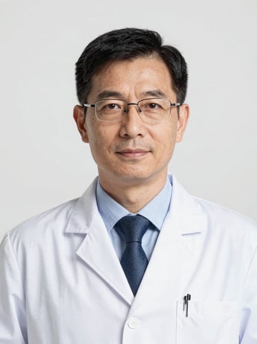 Professional studio portrait of a male medical professor in his 50s, distinguished look, bright high-key lighting, clean background, sharp focus, 35mm