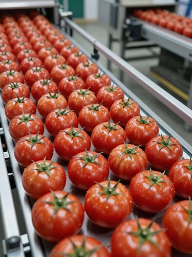 Close-up of freshly harvested tomatoes being inspected and graded on a sorting conveyor in a professional packing facility, overcast warehouse lighting, produce in uniform harvest-ready condition, no people's faces visible