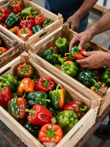 Overhead close shot of workers' hands sorting and packing freshly harvested peppers into wooden crates on a warehouse sorting line, industrial-warehouse natural lighting, produce in harvest condition showing ripeness, no faces visible