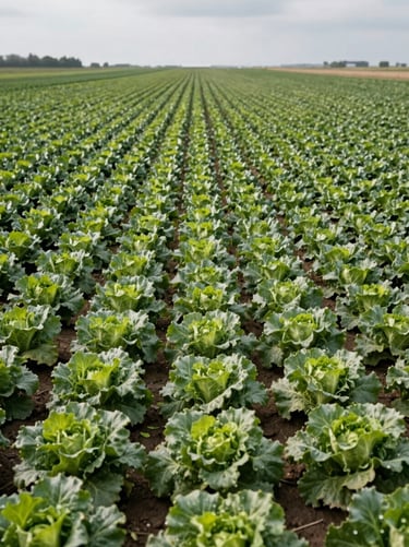 Wide panoramic view from standing height across dense rows of mature vegetable crops at harvest-ready stage in a Bulgarian agricultural field, overcast daylight, flat agricultural land extending to the horizon, rich green foliage in tight cultivation rows, no people