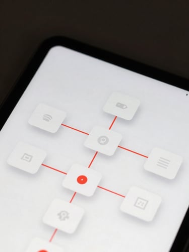 Close-up of a minimal app screen displaying a branching career pathway map with connected nodes and red accent lines indicating unlocked steps, floating card UI elements, clean white background, soft studio lighting