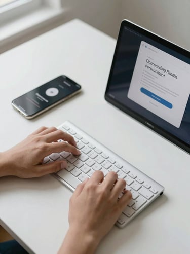 Overhead perspective of hands typing on a keyboard on a white desk, clean minimal workspace, soft north-facing window light, a phone screen showing a short onboarding quiz visible beside the laptop, no clutter