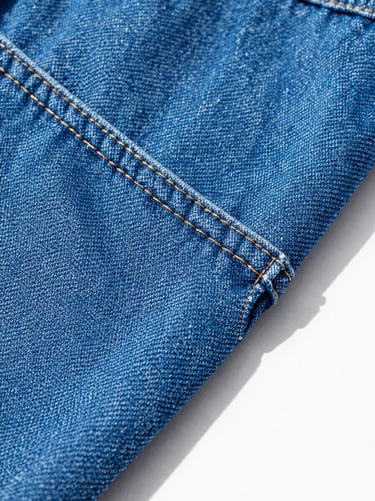Tight macro shot of durable double-stitched seams on bright electric blue denim, bright high-key sunlight