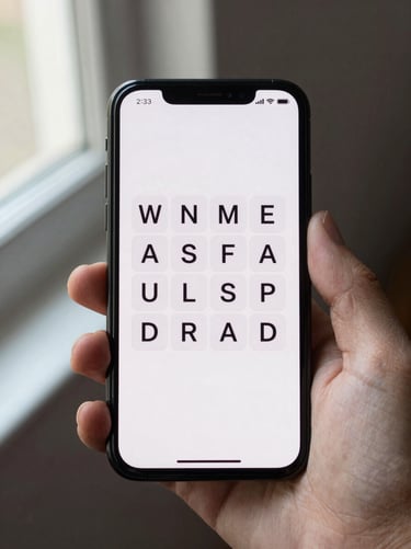 Close-up overhead flat-lay of an Android phone screen showing a minimal word puzzle game interface — clean white background, sharp sans-serif letterforms arranged in a grid, single hand resting to the side, natural window light from the left