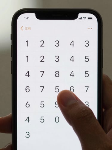 Close-up of an Android phone screen showing a minimal number logic puzzle game — sparse grid of numerals on a pale background, single finger touching the screen mid-play, natural daylight from one side, clean and uncluttered