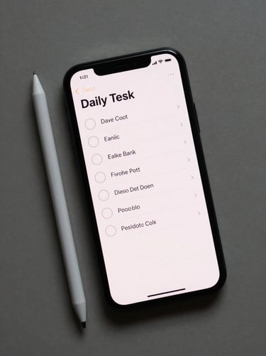 Overhead flat-lay of an Android phone displaying a minimalist daily task list app — high-contrast dark text on off-white screen, a single stylus resting beside the device, clean studio light from above, no clutter