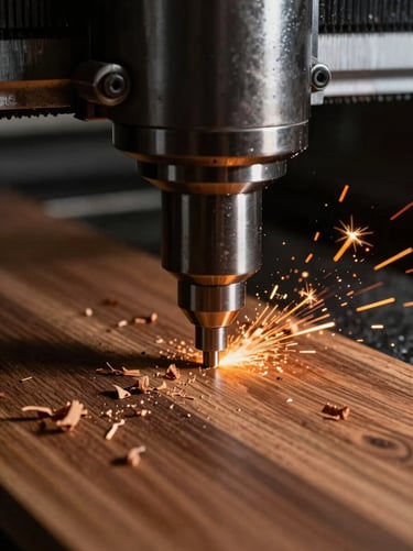 Macro close-up of a heavy-duty CNC router spindle cutting solid hardwood, fine wood shavings flying, high-contrast industrial lighting