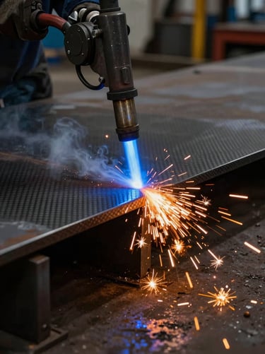 Industrial plasma torch cutting thick carbon steel plate, intense blue arc light, water table cooling mist, heavy manufacturing floor